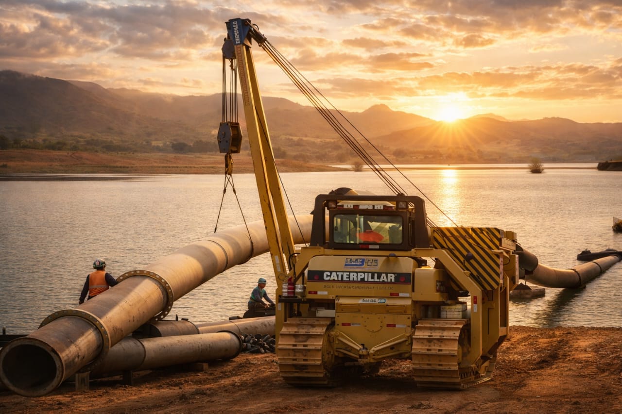 Side Boom Caterpillar em operação de assentamento de tubulações